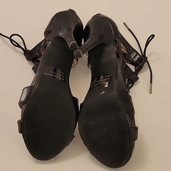 WILD DIVA LOUNGS GIVE ME  FEVER BLACK SNAKESKIN LACE-UP HEELS SANDAL - Picture 11 of 13